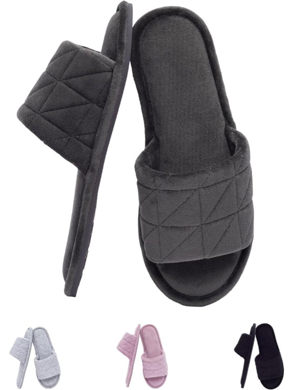 Women's Dark Grey Velvet Open Toe Memory Foam Non-Slip Outdoor Slip-On Slipper